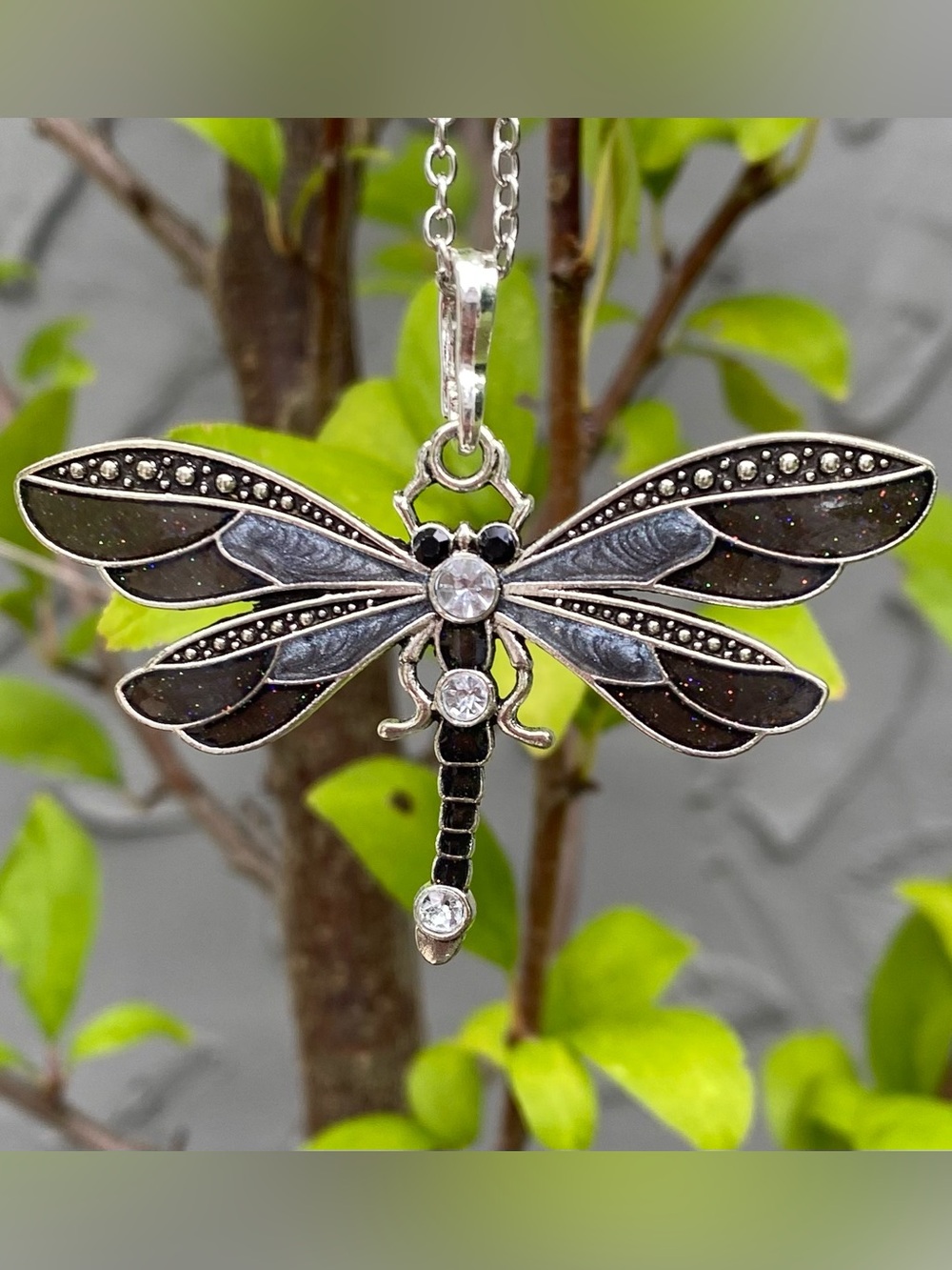 🌸 Black and Silver Dragonfly Pendant Necklace with Adjustable Chain